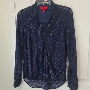 Jennifer Lopez Navy Textured Polka Dot Wrap Blouse Size S